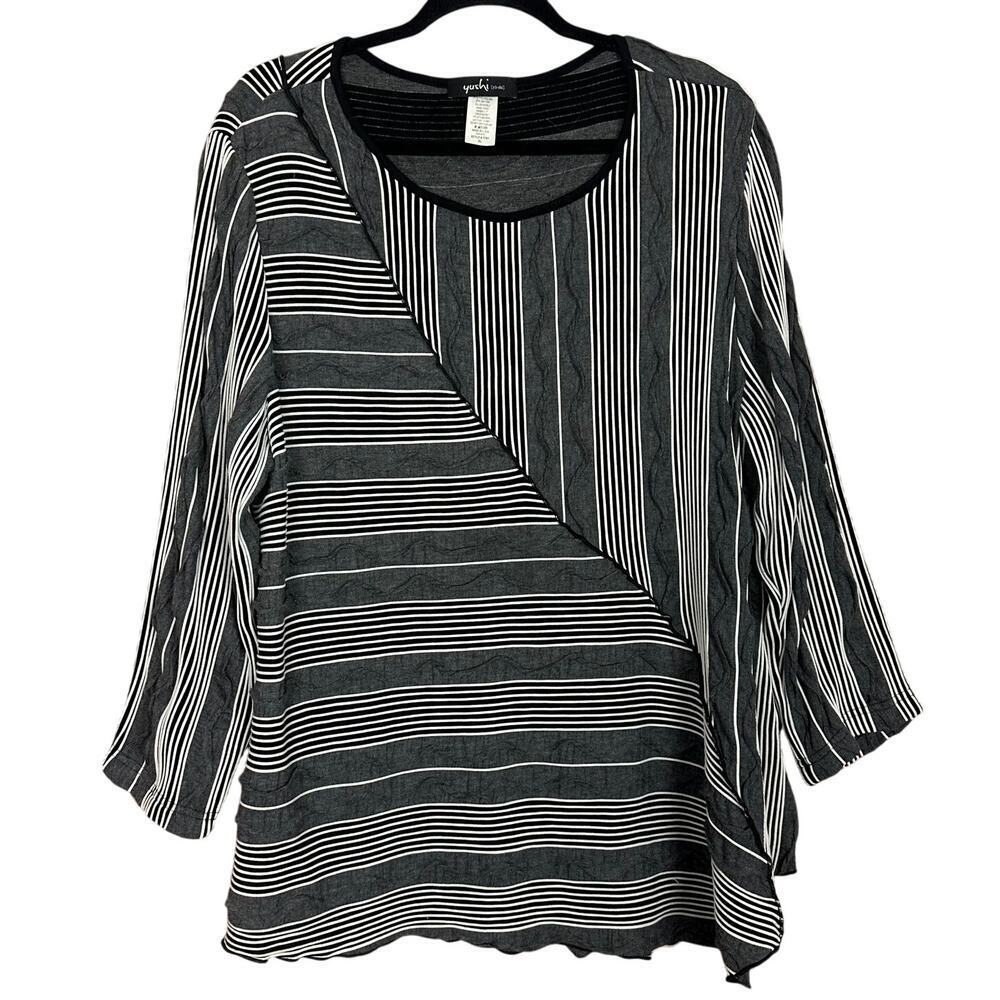YUSHI Lagenlook Black White Tunic Top Stripe‎ Textured Size Extra Large XL